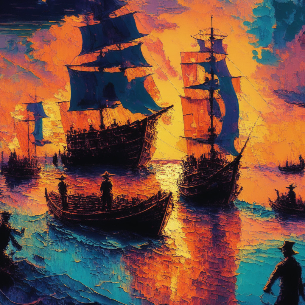 Intricate trading platform scene, sunset colors, turbulent waters, determined staff adjusting sails, reflective mood, bittersweet glow, Wall Street-infused impressionism, 21 million users peak, 68% decline in activity, 3 rounds of layoffs, determination in adapting and remaining competitive.