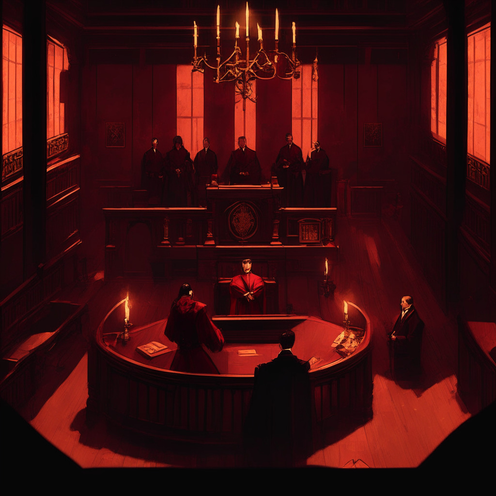 Intricate courtroom scene, Terra co-founders Do Kwon and Han Chang-joon on trial, Montenegrin officials presenting evidence, tension between accusers and defendants, Baroque-style clothing, low-lit chamber with candles, a somber mood, hues of dark red and deep gold, ethereal background influenced by cryptocurrency symbols and a subtle world map.