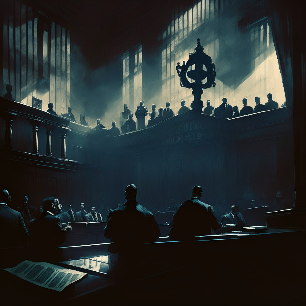 Dark courtroom scene, judge's gavel slamming, Binance executives standing trial, foreboding mood, vivid chiaroscuro lighting, contrasting shadows of legal battle, undertones of regulations surrounding cryptocurrency industry, focused gaze of financial watchdogs, background hinting at global financial landscape, overall ominous atmosphere.