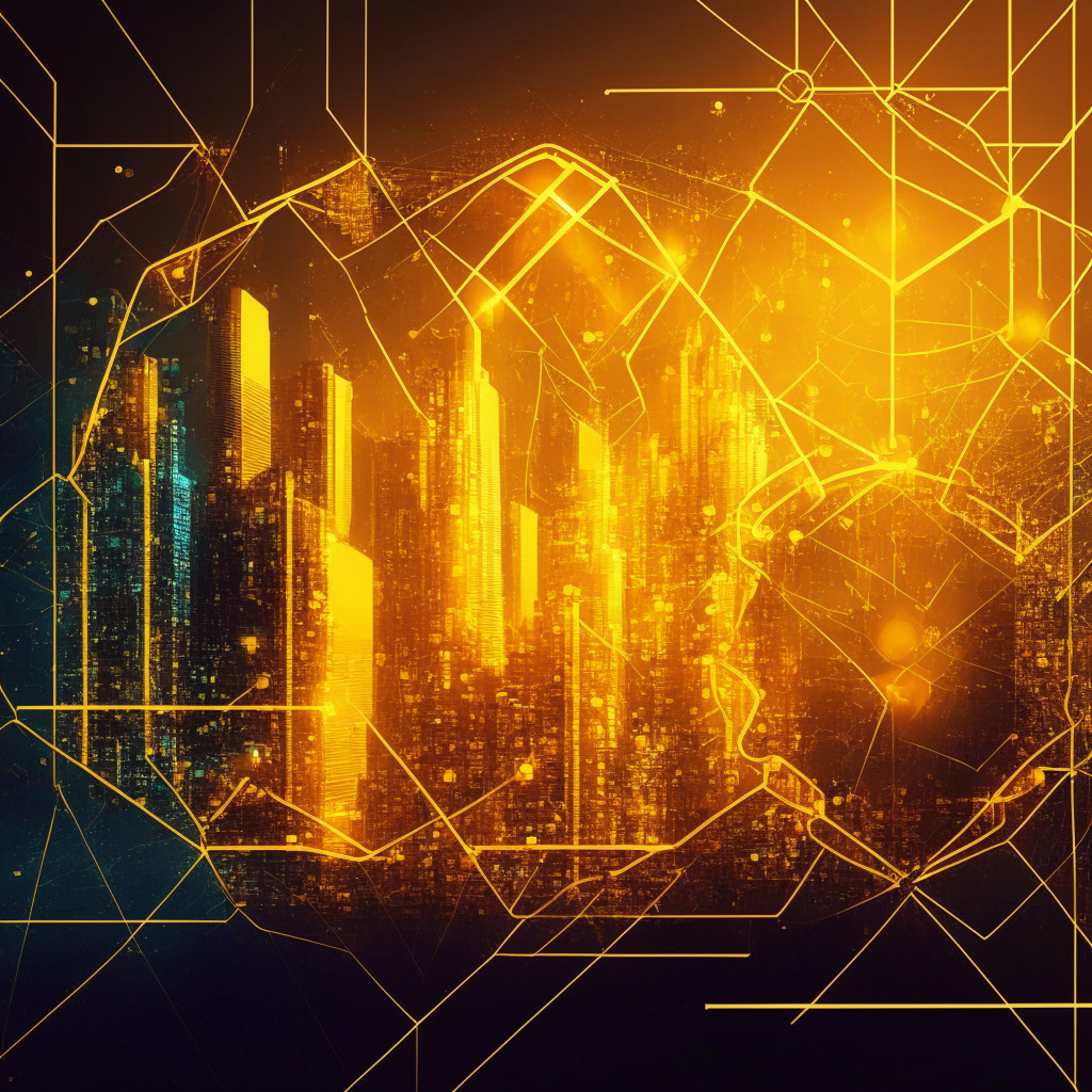 Revolutionary decentralized social media concept, golden-hued futuristic city, investors in shadows, NFTs prominent, moody contrast between light & shadow, vibrant digital art overlay, sense of optimism & uncertainty, network of interconnecting nodes, privacy & security symbols.