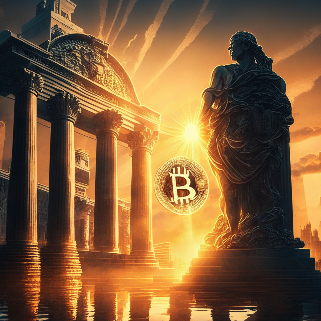 Majestic financial landscape at sunset, large contrasting Bitcoin statue, intricate traditional stock exchange building, intense rays of light bathe scene, dramatic chiaroscuro shading, reflective mood, figures expressing both excitement and caution, looming SEC emblem, effervescent crypto symbols, forming bridge between vintage and futuristic finance.