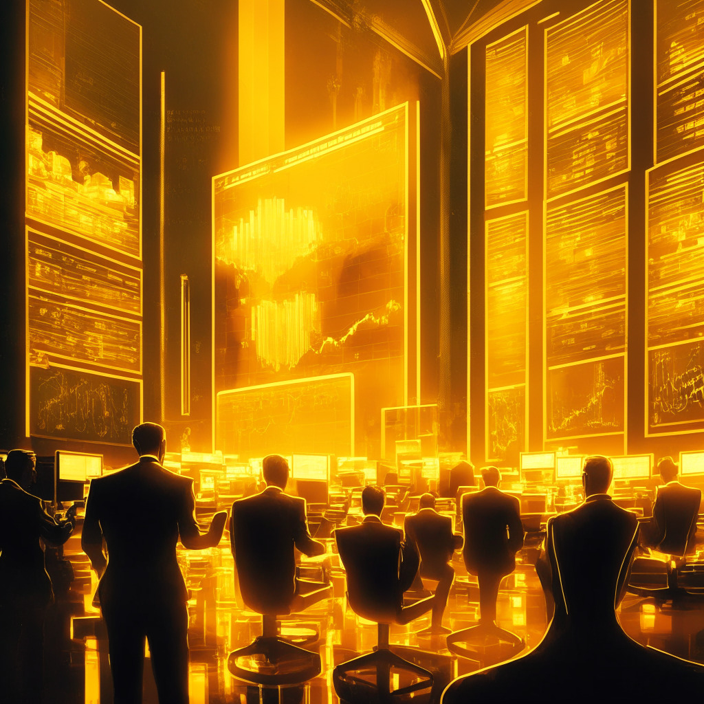 Golden-hued, futuristic trading floor with investors watching digital screens, prominent 2x leverage on BTC futures ETF displayed, light gleams from the trading terminals, tense yet hopeful atmosphere, contrasting blurred background of wary SEC regulators, subtle Art Deco elements to enhance the mood of finance and market environment.