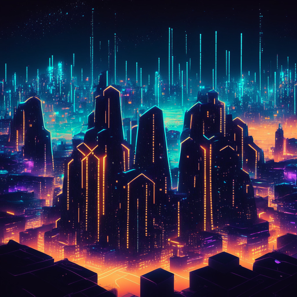 An intricate, night-time digital cityscape that represents the Solana blockchain, towering structures symbolize SOL tokens gleaming under soft neon lights, depicting growth. Ethereum subtly depicted as a grand structure further away. Citizens (traders) bustling around, ecstatic, signify chances for high returns. Foreground displays a dynamic, precarious bridge embodying leveraging and risk-taking, connecting Ethereum and Solana. Mood is hopeful yet cautious, mirroring the delicate balance of risk and reward in the world of crypto.