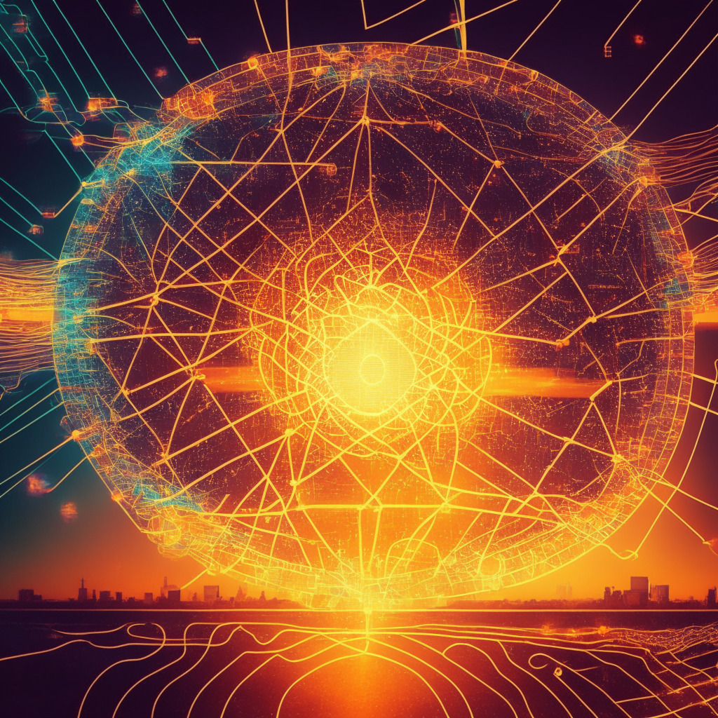 Intricate blockchain design, warm sunset glow, juxtaposition of traditional banks & Lightning Network, confident mood, vibrant colors, intricate cost/yield calculations, connected global-web, LINER shining as a beacon, disrupting stagnant payment networks, international transactions.