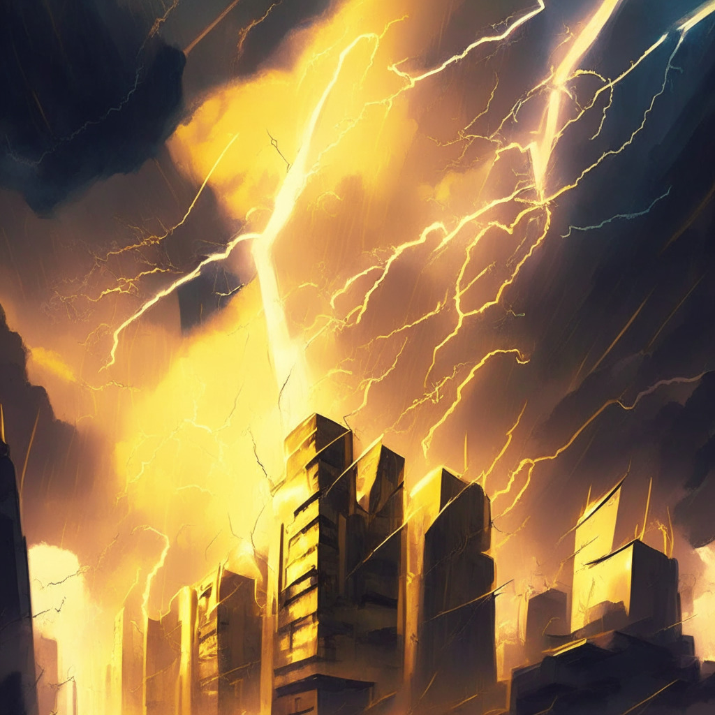 Abstract lightning bolt striking a futuristic city, warm golden hues, contrasting cool shadows, impressionist style, cityscape reflecting hope and skepticism, soft glows on buildings, subtle doubts in shadows, sky filled with swirling clouds, hint of resilience, turbulent scene balancing pros and cons.