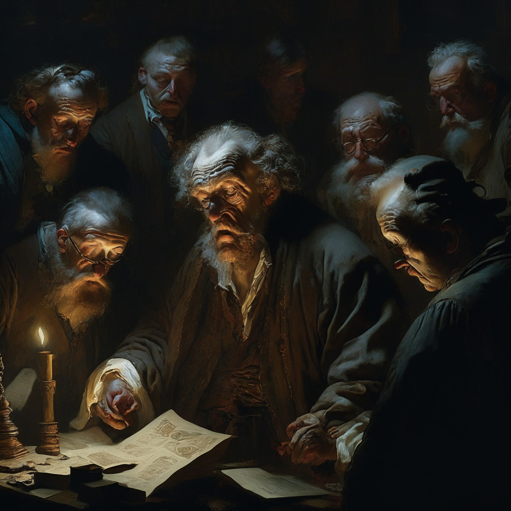 Dimly lit, volatile crypto market scene, Baroque-style painting, nervous traders exchanging glances, stressed market maker, paper-thin order books, altcoins crashing, mysterious mood, panic-ridden atmosphere, calming presence of a wise, elderly investor.