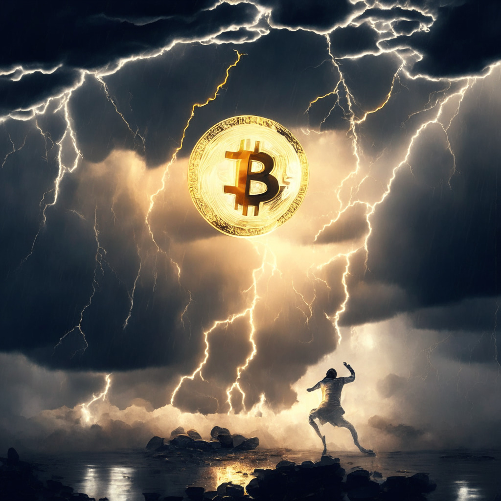 Cryptocurrency drama, artistic chiaroscuro style, stormy sky, Litecoin coin bouncing back, Binance lawsuit background, various crypto coins scattered, hopeful mood, investor hands grasping emerging $YPRED token, golden light shining on yPredict platform, presale milestone banner.