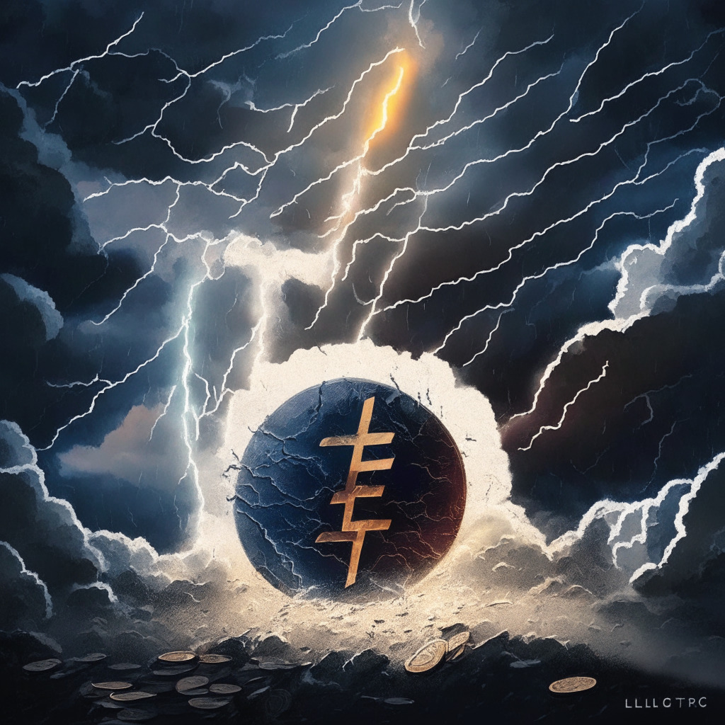 Cryptocurrency market turmoil, Litecoin's price dipping 1%, dark and uncertain atmosphere, a moment of decision for investors, artistic representation of SEC enforcement actions, subtle light on potential opportunities, upcoming halving event shadowed by clouds, cautious optimism, contrasting new altcoins like yPredict with vibrant AI-driven colors, trading intelligence shining bright.