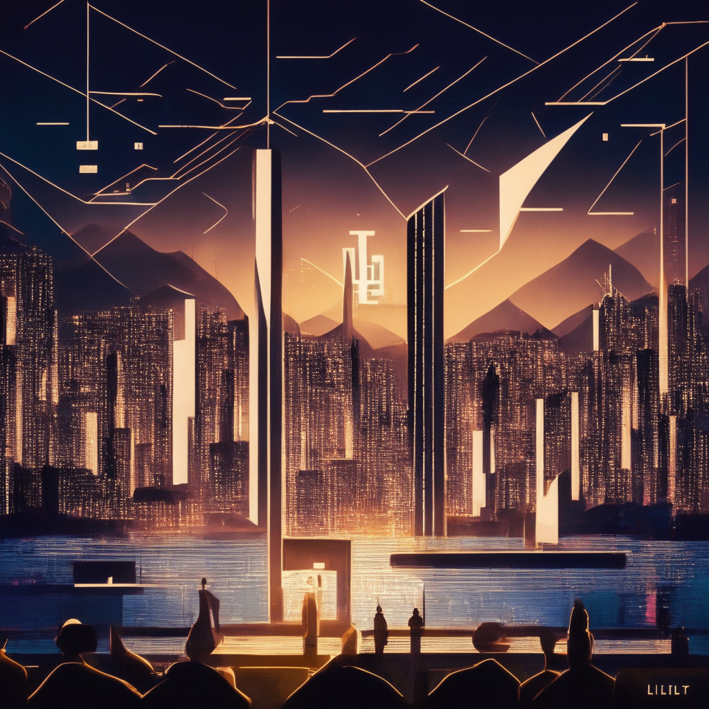 Cryptocurrency scene with Litecoin symbol, halving event countdown, ascending triangle pattern, futuristic Hong Kong skyline at dusk, glowing transactions on blockchain, diverse investors analyzing data, intense discussion, warm ambient lighting, Art Deco-inspired geometric patterns, upbeat and optimistic mood.