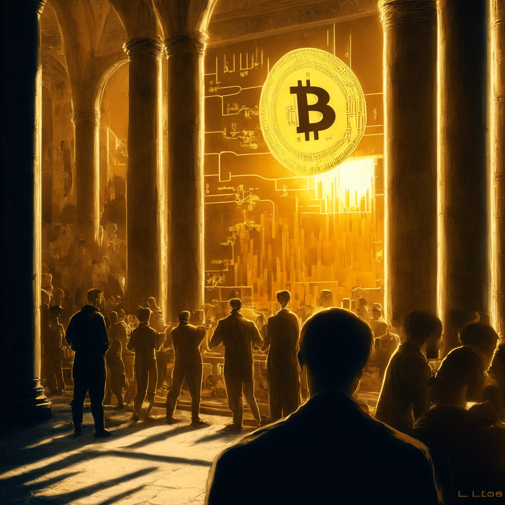 Cryptocurrency market scene, Litecoin coin, rising graph with $1,000 milestone in question, late afternoon golden lighting, impressionist style, contemplative mood, prominent support and resistance levels, juxtaposed with emerging Wall Street Memes coin and community, potential investments in focus.