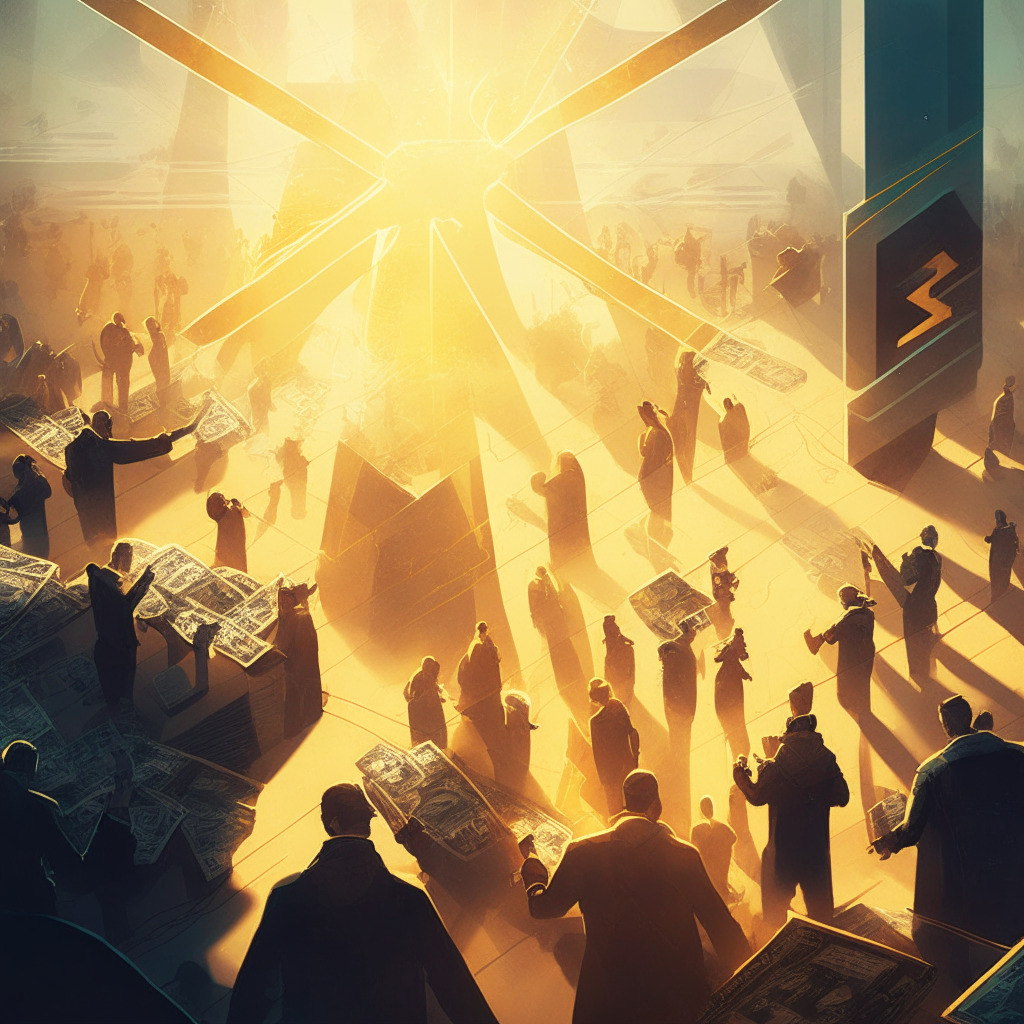 Moody trading scene, intense candlestick chart with ascending triangle pattern, sun rays piercing through clouds in background, golden hues, Litecoin coins subtly positioned, contrast of optimism and struggle, aerial view of busy transaction hub, fast-paced movement, people interacting to symbolize adoption, futuristic metaverse with some workers.
