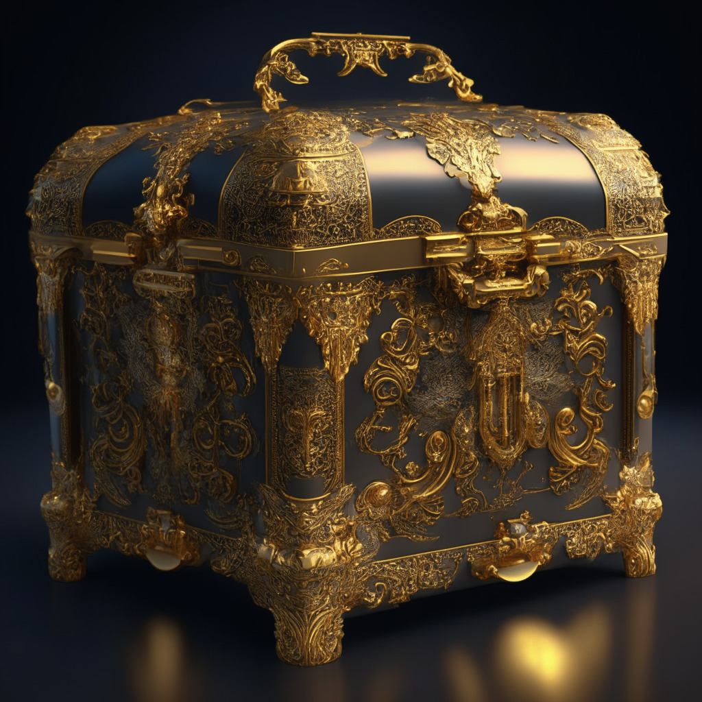 Ornate treasure trunk, luxurious textures, gleaming brass, NFT embellishments, baroque-meets-tech aesthetic, warm gold light, moody yet sophisticated, digital-fusion, blockchain authenticity, air of exclusivity, a touch of the metaverse, future of fashion and art.