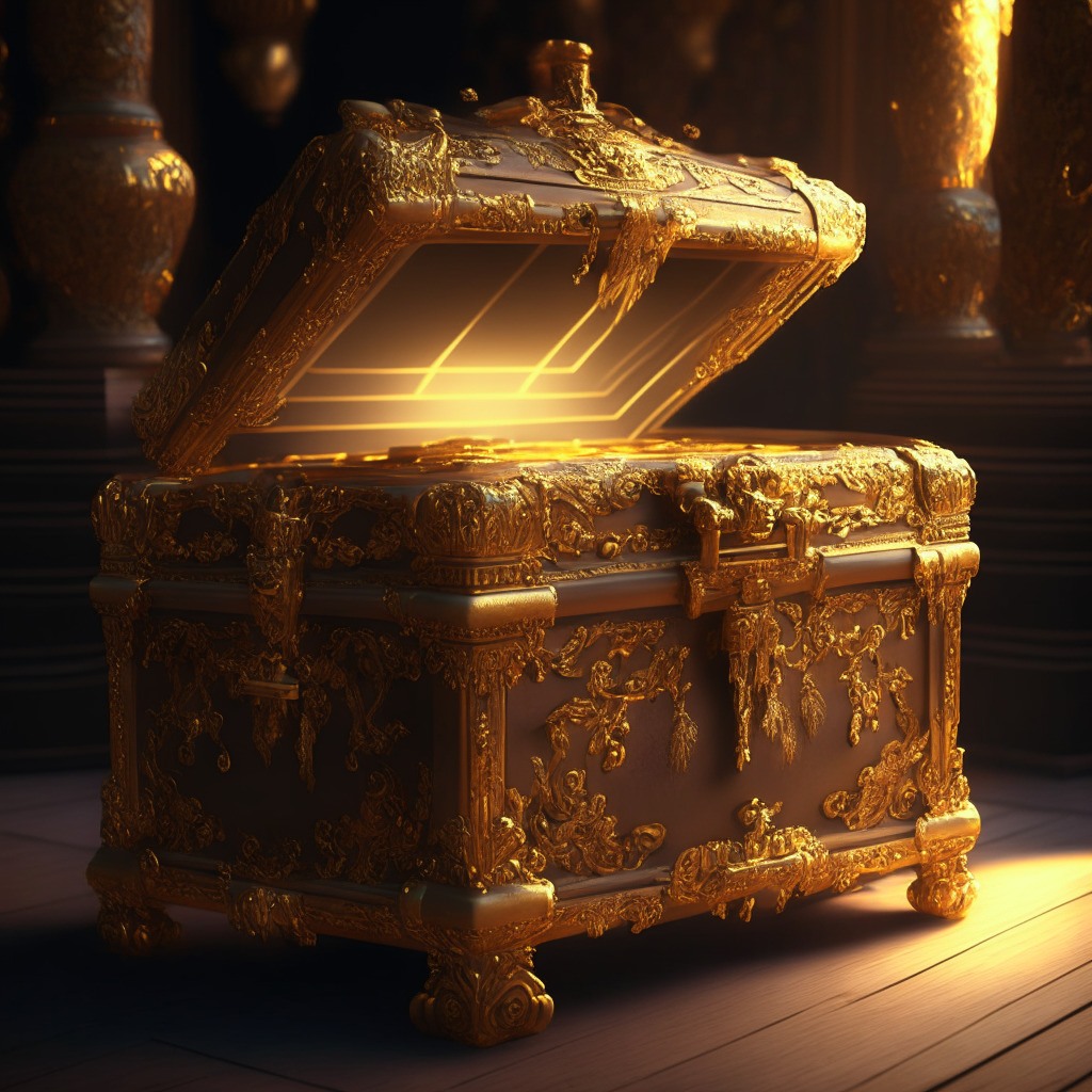 A lavish treasure trunk bathed in golden hues, rich textures, 18th-century Baroque-inspired details, mood: opulent exclusivity, light setting: soft, warm glow. Scene: trunk granting access to luxurious experiences, artistic style: hyperrealistic with subtle chiaroscuro, digital elements evoking blockchain technology, whispers of luxury gaming.
