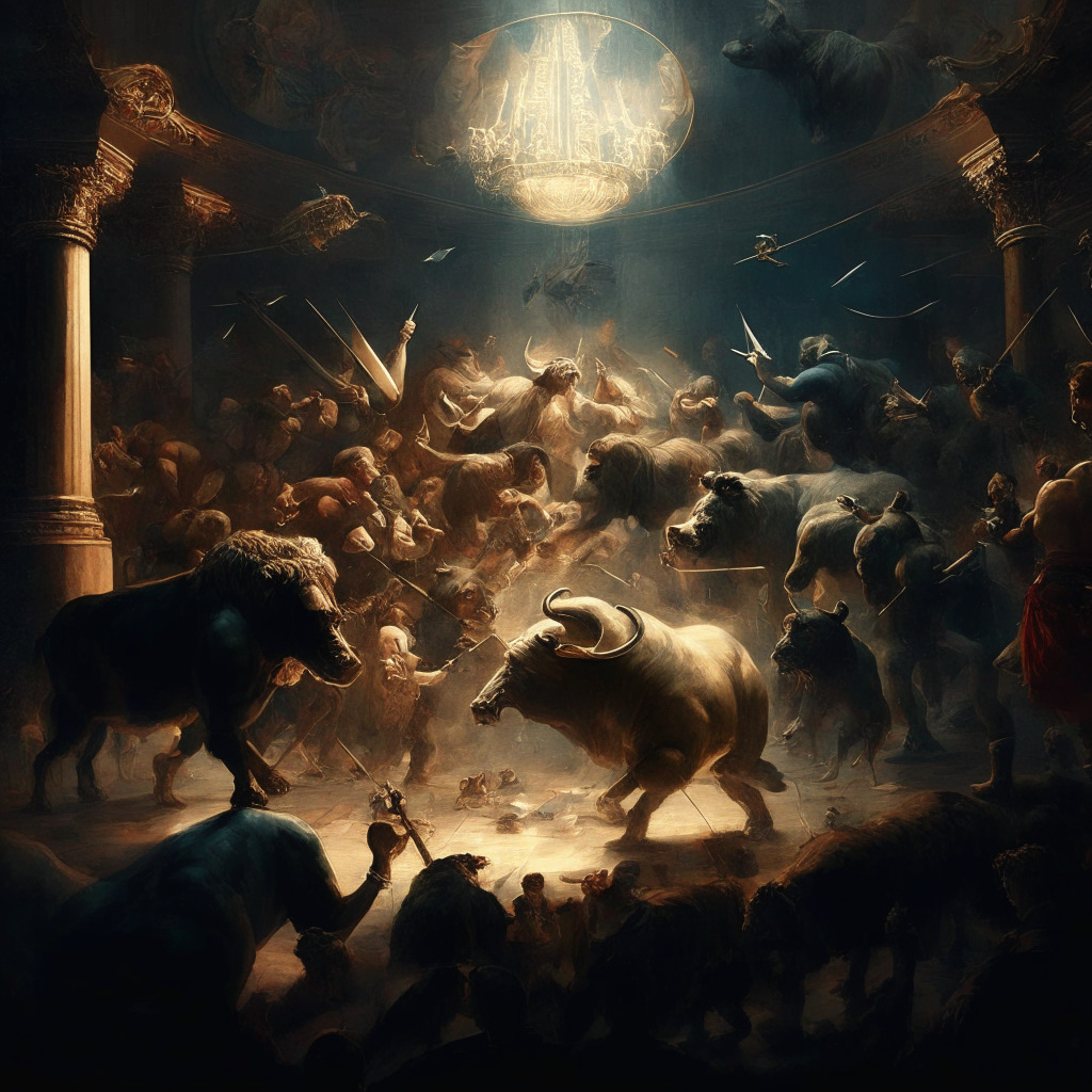 Intricate crypto market scene, chiaroscuro lighting, bulls and bears battle, Terra Luna Classic and USTC stablecoin centrally placed, mood of resilience and determination, Renaissance painting style, signs of hope mixed with risk awareness, subtle hints of diversification strategies.