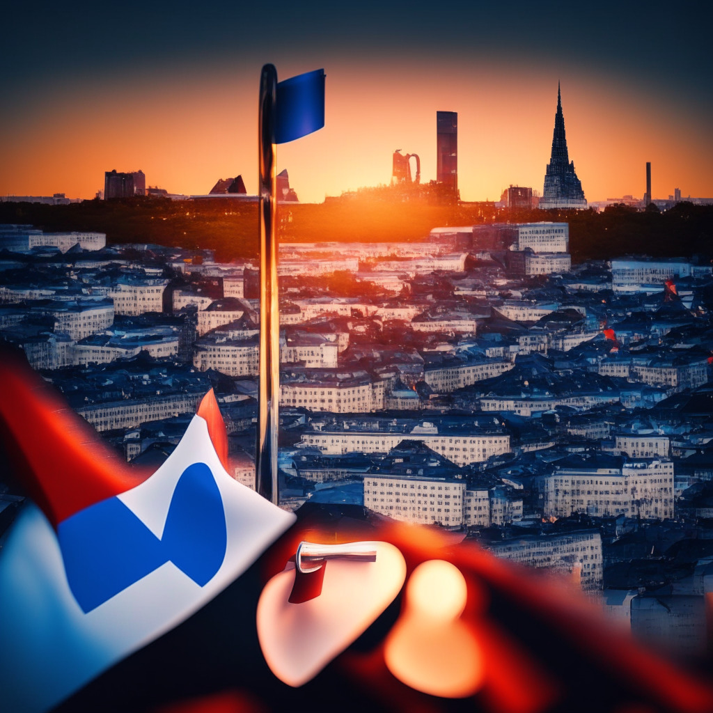 Sunset-lit financial district, Luxembourg skyline, digital and physical worlds colliding, abstract blockchain hints, competing Web2 and Web3 companies, magnifying glass on potential anti-competitive practices, hopeful yet cautious mood, European Union flag waving, anticipation of metaverse policy paper.