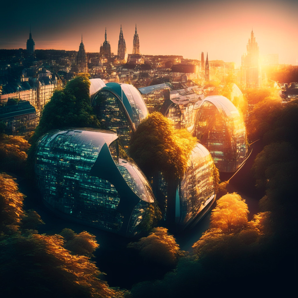 Intricate cityscape of Luxembourg, evening light casting warm glow, Web3 and Web2 digital companies harmoniously thriving, futuristic buildings intertwined with greenery and sustainability, all under guiding spirit of fair competition, innovation-focused atmosphere, empowering energy.