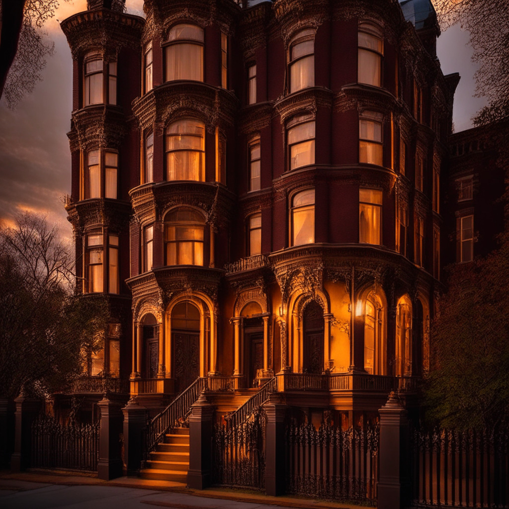 Victorian brownstone in Washington DC, intricate architecture, opulent interior, four gas fireplaces, chef-inspired kitchen, dusk lighting, warm hues, Capitol Hill neighborhood, surreal undertones, tinge of uncertainty, 420 3rd St. NE, bittersweet elegance, legal battle shadow, symbolic crypto cautionary tale.