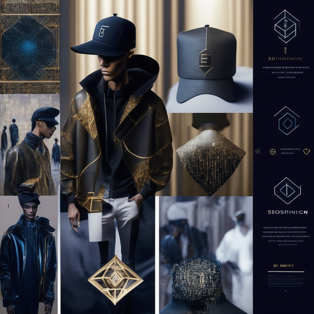Ethereum-powered luxury cap collaboration, Paris Men's Fashion Week reveal, intricate blend of streetwear and technology, embedded NFC chip, interactive rewards and gamification, digital wearables for Sapienz characters, NFT ownership & digital signatures, community-driven luxury, interconnected fashion experiences, immersive Web3 integration, redefined craftsmanship, tokenized exclusivity.