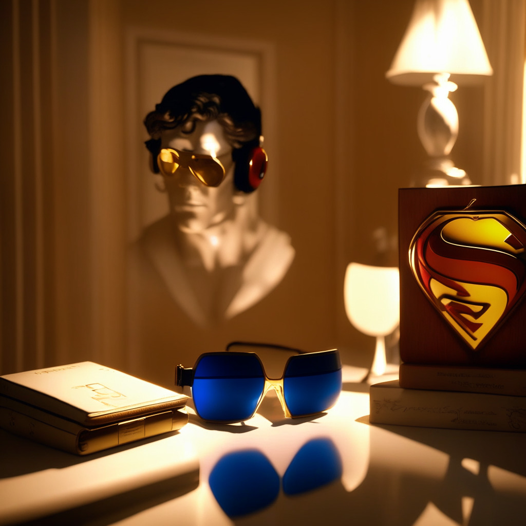Luxury NFT collection scene, Via Treasure Trunks in a lavish setting, radiant light in a sophisticated metaverse, glowing Apple Vision Pro headset, NFT lending market's dynamic growth, hint of shadow symbolizing potential risks, serene mood showcasing excitement for tech, caution in the air, 1978 Superman film nostalgia.