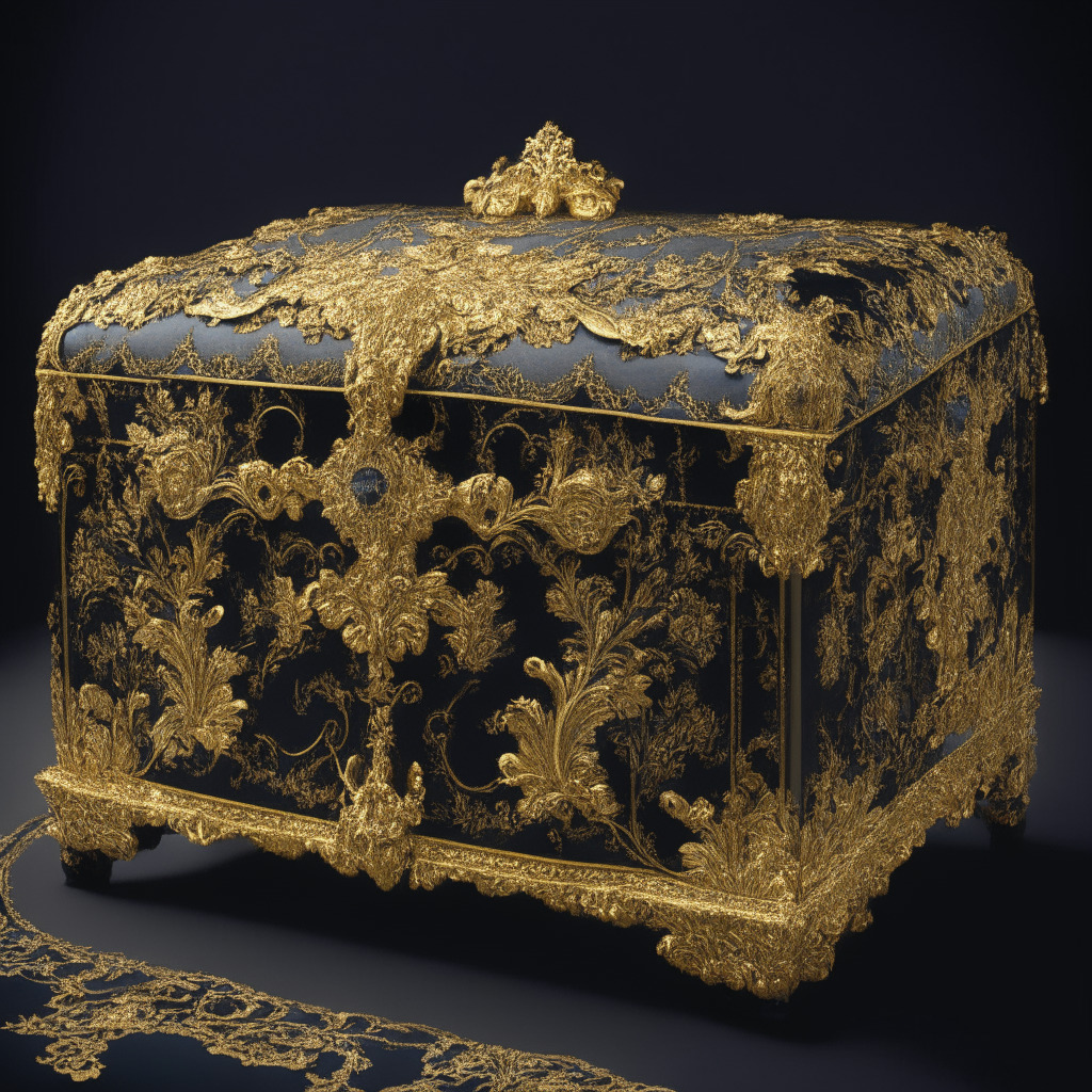 Baroque-inspired NFT treasure trunk, gleaming golden accents, soft velvet texture, chiaroscuro lighting, hint of mystery, unfolded amidst a lavish palace, vibrant colors on luxurious fabrics, richly adorned with intricate patterns, sense of exclusivity, ownership boundaries, juxtaposition of innovation and timelessness, subtle luminescence, opulent atmosphere, unyielding loyalty.