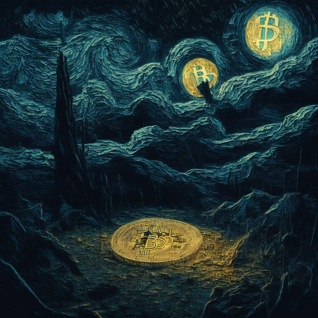 Cryptocurrency crash scene, gloomy atmosphere, dramatic chiaroscuro lighting, altcoin fallen to yearly support, aggressive accumulation highlighted, bearish trend dominating, cautious optimism amidst uncertainty, potential recovery path or decline looming, artistic style resembling Van Gogh's Starry Night.