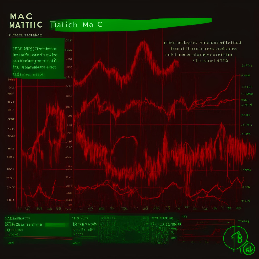 Cryptocurrency market turmoil, MATIC price sell-off and rebound, key resistance levels, downtrend continuation, intense selling pressure, hopeful buyers defending support, temporary bounce, potential surge toward psychological barrier, decreasing trade volume, possible return to support level, high ADX slope, Bollinger Bands challenge, uncertain recovery, moody atmosphere, dimly lit setting, shades of red and green.