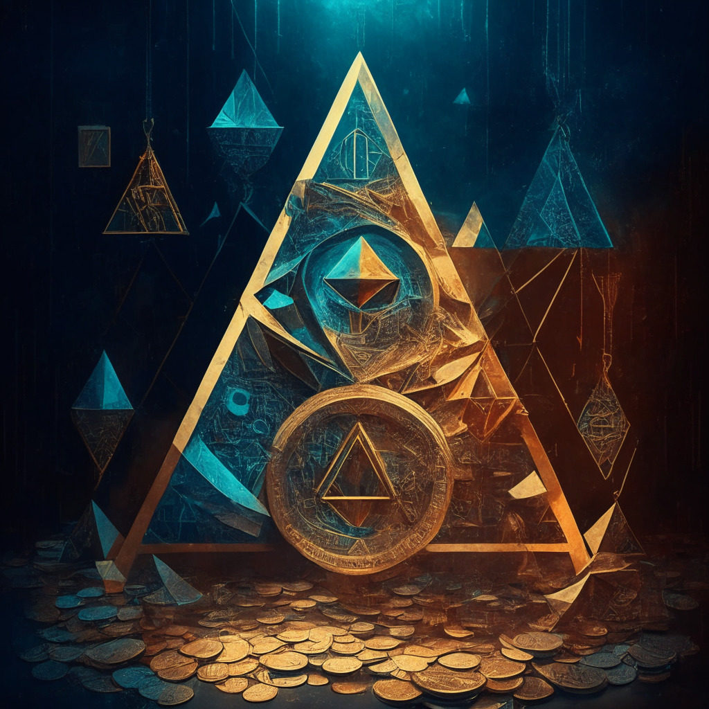 Intricate symmetrical triangle, cryptocurrency coins scattered, a balance scale with buyers & sellers, Polygon coin hovering at $0.604, uncertain market sentiment, contrasting warm & cool colors, chiaroscuro lighting, Baroque style, suspenseful atmosphere.