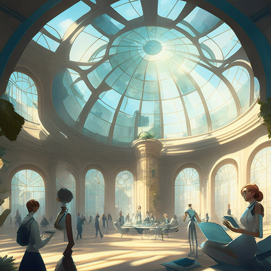 Futuristic university scene, diverse students exploring metaverse technologies, vividly incorporating architecture, finance, policy, and social science elements, neo-Renaissance artistic style, dappled sunlight filtering through glass dome, air of curiosity and skepticism, celebrating innovation while acknowledging challenges. (338 characters)