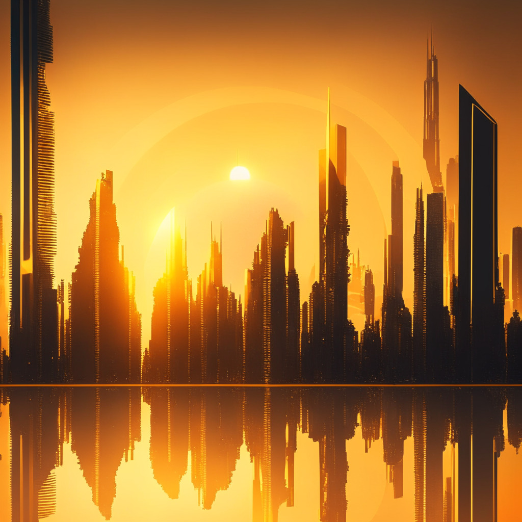 Futuristic city skyline reflecting major financial firms embracing crypto, setting sun with golden hues symbolizing shifting perspectives, contrasting centralized skyscrapers & decentralized elements, cautious optimism in the atmosphere, tension between innovation & regulation, shadows hinting at potential challenges ahead.