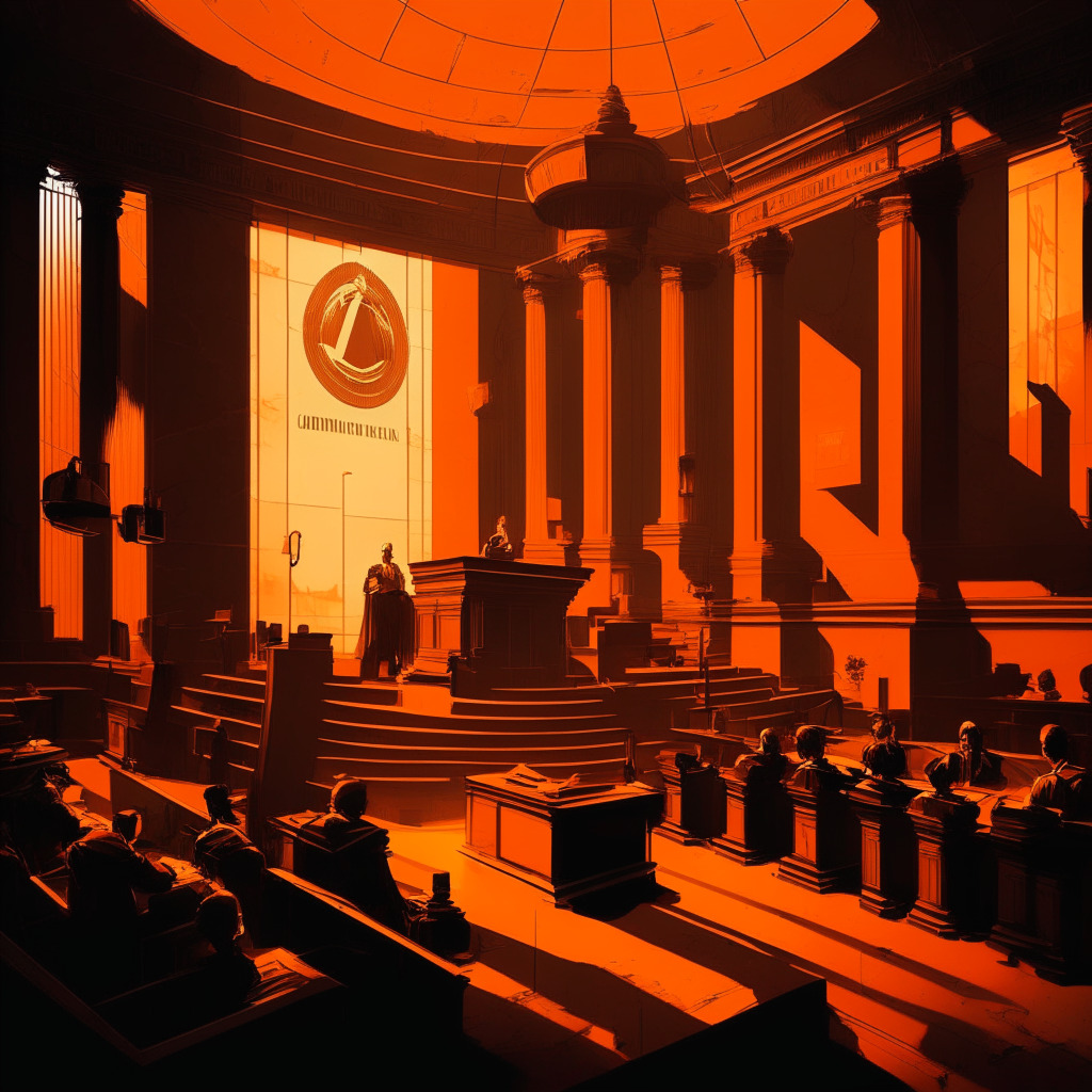 Cryptocurrency legal battle, contrasting light and shadow, scales of justice, major questions doctrine vs Chevron doctrine, Congress influence, uncertain landscape, grayscale artistic style, tinges of orange symbolizing hope, serious mood, intricately detailed courtroom.