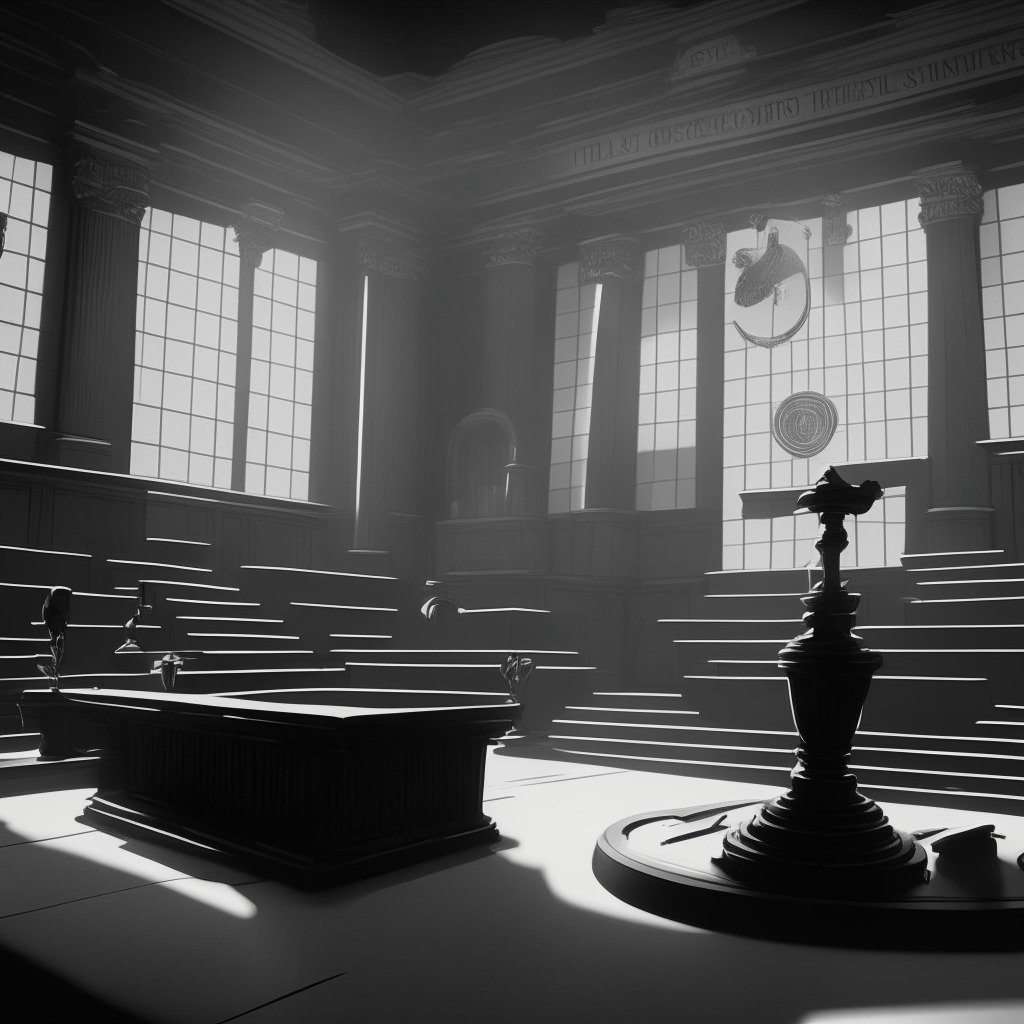 Art Deco style courtroom scene, gavel symbolizing justice, diverse investors seeking closure, nuanced grayscale color palette, soft, ambient lighting, shadows portraying the financial losses, transparent crypto tokens reflecting the need for increased transparency, mood of trepidation yet hopeful for investor protection.