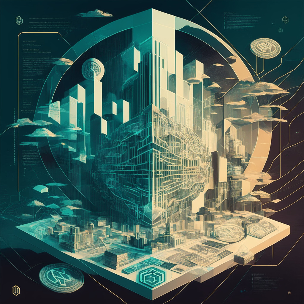 Intricate financial landscape, a DeFi lending protocol, elimination of USDP stablecoin, light and shadow contrasts, futuristic blockchain artwork, muted color palette, contemplative mood, tension between stability and revenue generation, exploration of real-world assets, growth and success, responsibility for transparency and trust.