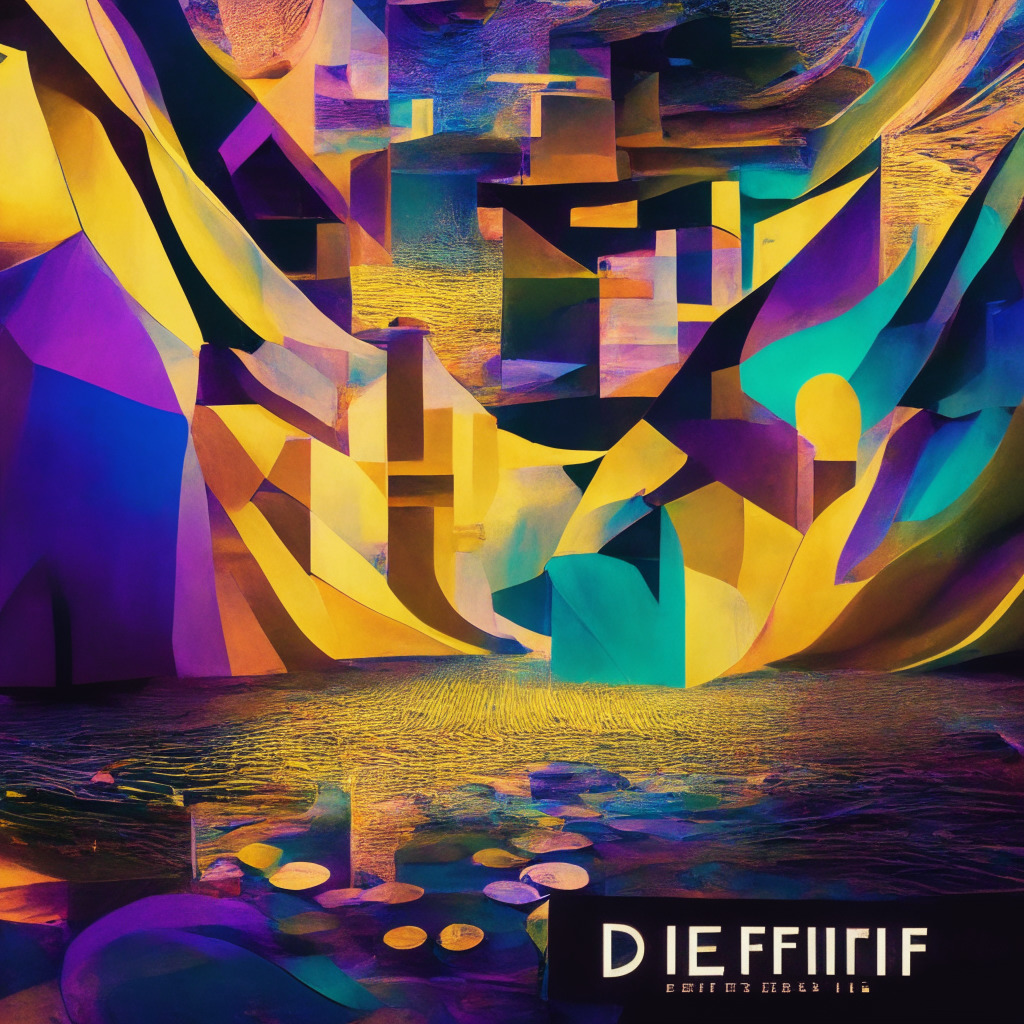 DeFi landscape with DAI stablecoin, $1.2B US Treasury bonds, diverse collateral assets, vibrant color palette, surrealistic fusion of traditional & modern finance, ethereal lighting, contrasting shadows, dynamic blend of optimism & caution, intricate patterns symbolizing interconnectedness, pulsating energy reflecting market fluctuations.