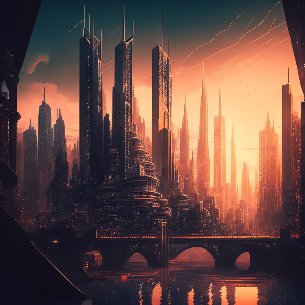 Intricate cityscape blending crypto world and traditional finance, soaring buildings made of US Treasuries and digital tokens, a bridge connecting both realms, moody sunset hues, chiaroscuro lighting, dynamic composition, engaging contrast between futuristic DeFi elements and conventional assets, serene atmosphere of measured change and progress.