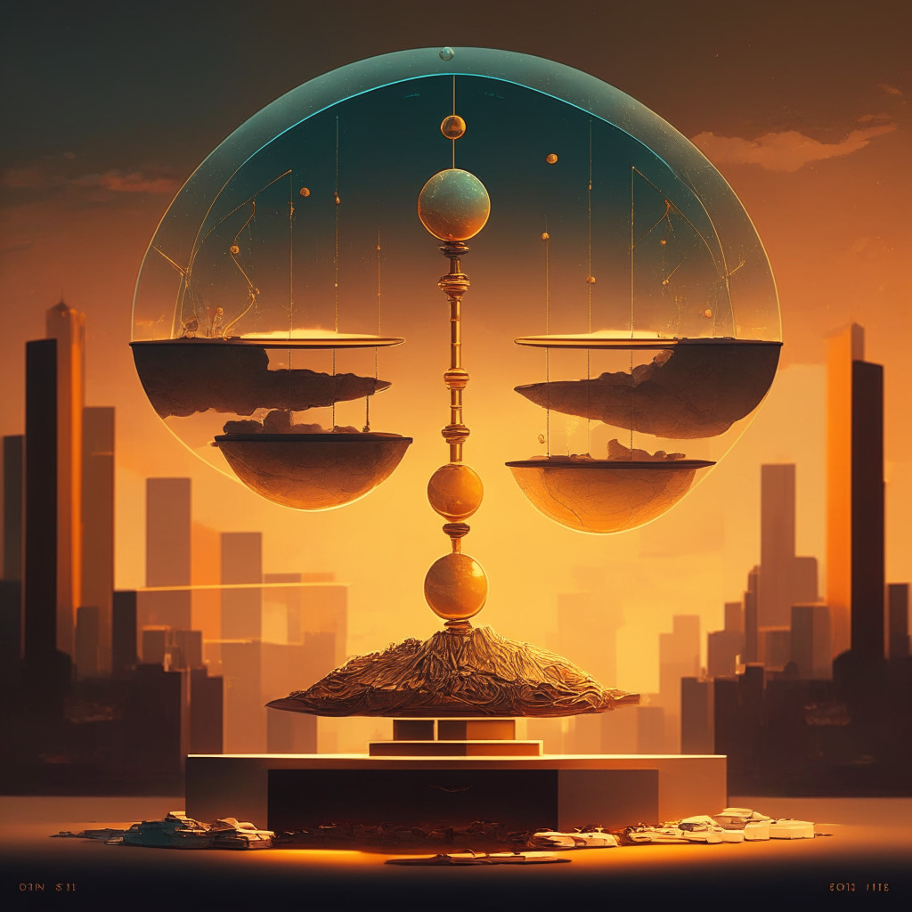 DeFi platform balancing dilemma, capital efficiency vs stability, intricate scales depicting both sides, glowing decision-making orb, warm-toned color palette, soft evening light, financial landscape in background, hints of futuristic art style, mood of contemplation and anticipation, 350 characters.