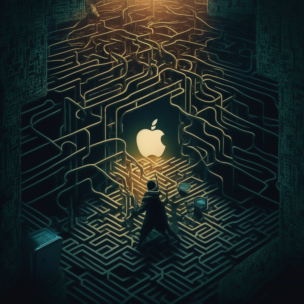 Mysterious crypto wallet app scene, intricate digital heist setting, Apple struggling amidst shadows, vigilant users resisting scams, contrasting light & darkness, eerie atmosphere, a sense of caution, duality of security & vulnerability, deceptive cyber labyrinth.