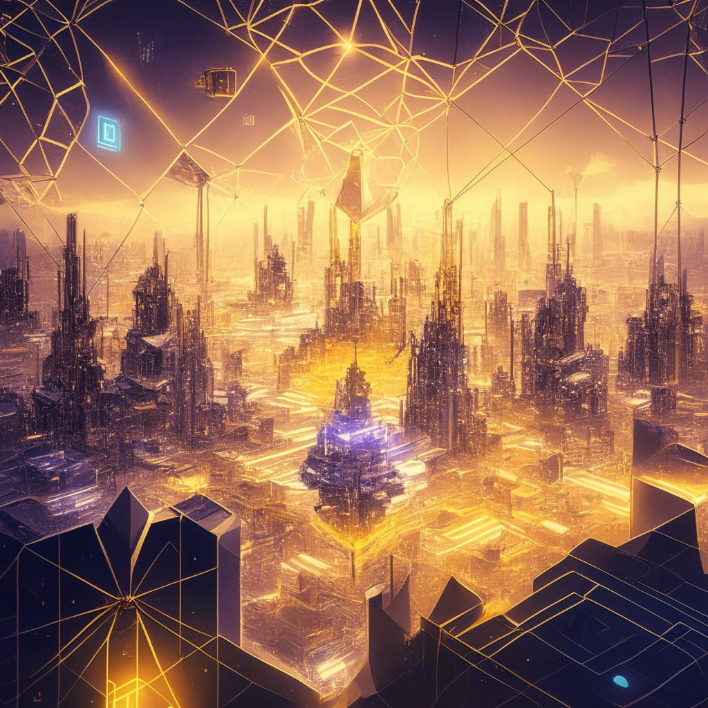 Ethereum layer-2 mainnet launch scene, intricate cyberpunk cityscape, Mantle Network & BitDAO integration, modular infrastructure, radiant network connections, warm golden light setting, sense of futuristic progress, staking and governance focus, air of anticipation, emphasizing challenges & opportunities, no-brand token symbols, collaborative atmosphere.