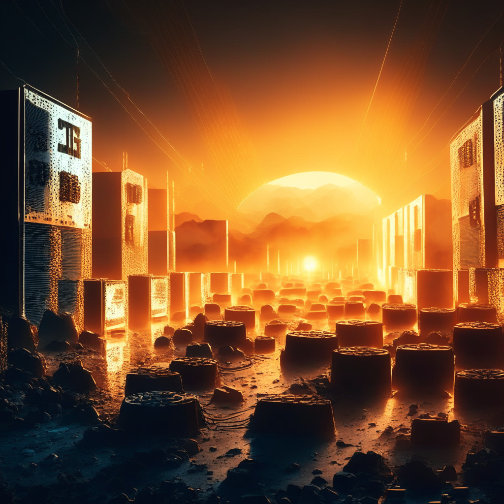 Bitcoin mining scene with 77% production surge, dramatic lighting highlighting a group of advanced mining rigs, sleek futuristic design, intense mood, sunrise symbolizing new success, software innovation as a glowing force, increased hash rate, transaction fees, and accessibility, cautious optimism.