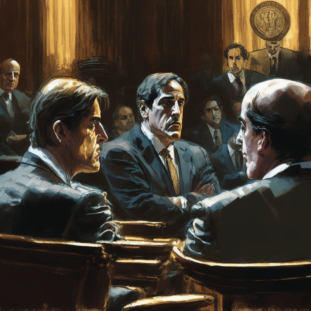 Intricate courtroom scene, Marc Cuban debating with SEC Chair Gary Gensler, muted color palette, Baroque art style, dimly lit setting, emphasis on facial expressions conveying seriousness and determination, contrasting shadows highlighting tension, somber mood, crypto coins subtly integrated as decorative elements.