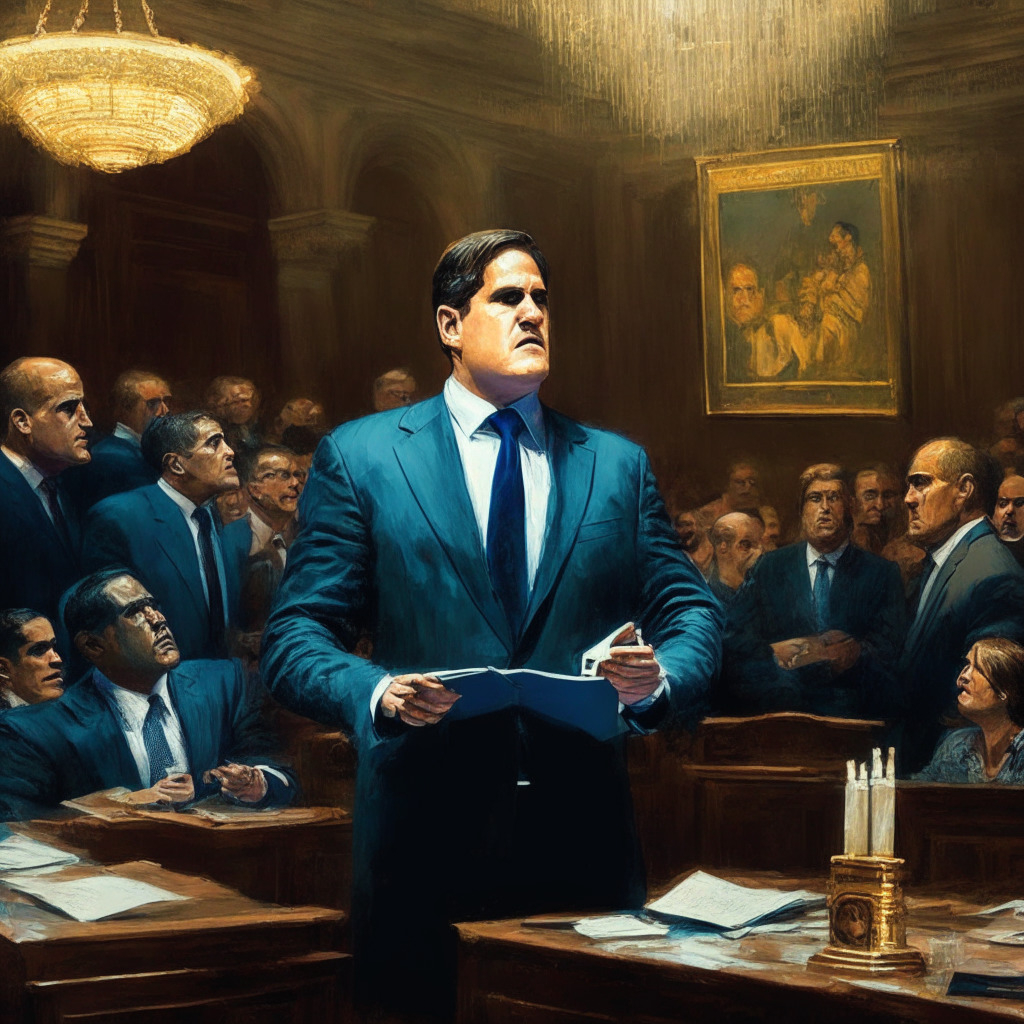 Mark Cuban debating SEC ex-official, urgent crypto regulations, blockchain industry growth, moody courtroom scene, chiaroscuro lighting, painting-esque Baroque style, contrasting bold statements, tension between opposing views, innovative tech landscape, uncertain regulatory hurdles, hints of optimism.