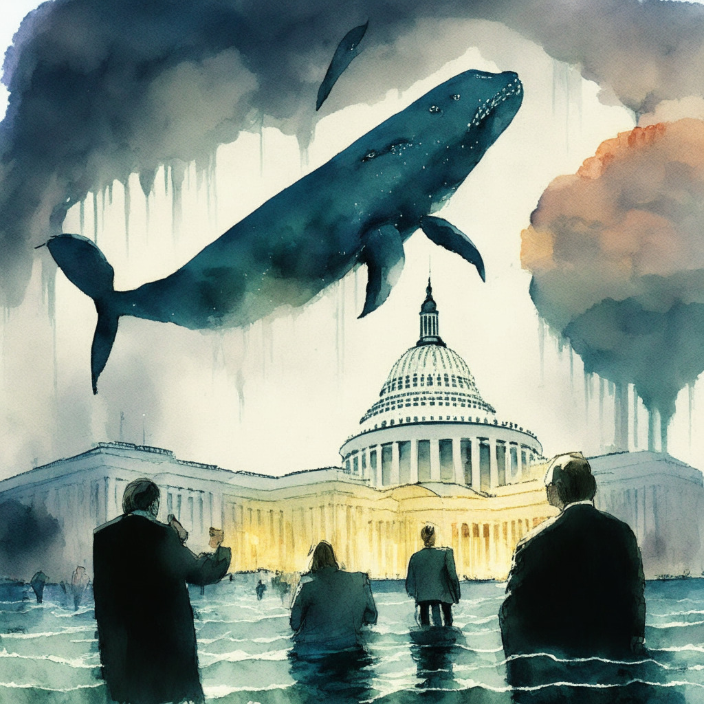 Crypto market turmoil: Bitcoin above $27.1K, debt ceiling concerns, Chinese manufacturing decline, diverse reactions. Scene: Dimly-lit abstract financial landscape, Bitcoin whale transferring coins, US Capitol in background, contrasting emotions (worry/optimism) on faces, watercolor style, somber yet anticipatory mood.