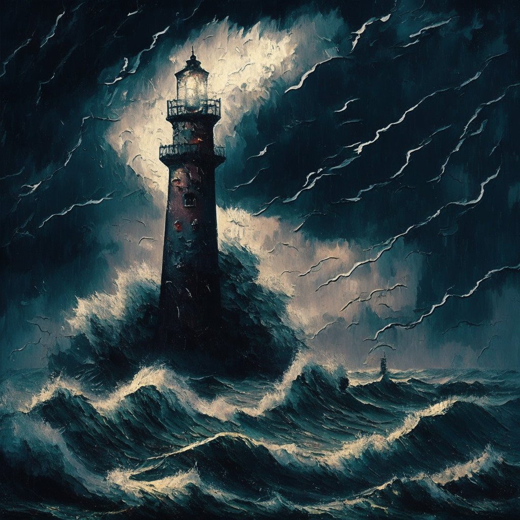 Dark stormy sky, crashing waves, crypto coins like Cardano & Solana sinking, tense faces of traders, Gothic-style painting, dim light from a lighthouse, uncertain mood, chaos, swirling colors, hints of sunset symbolizing hope of recovery, no logos, 350-character limit.