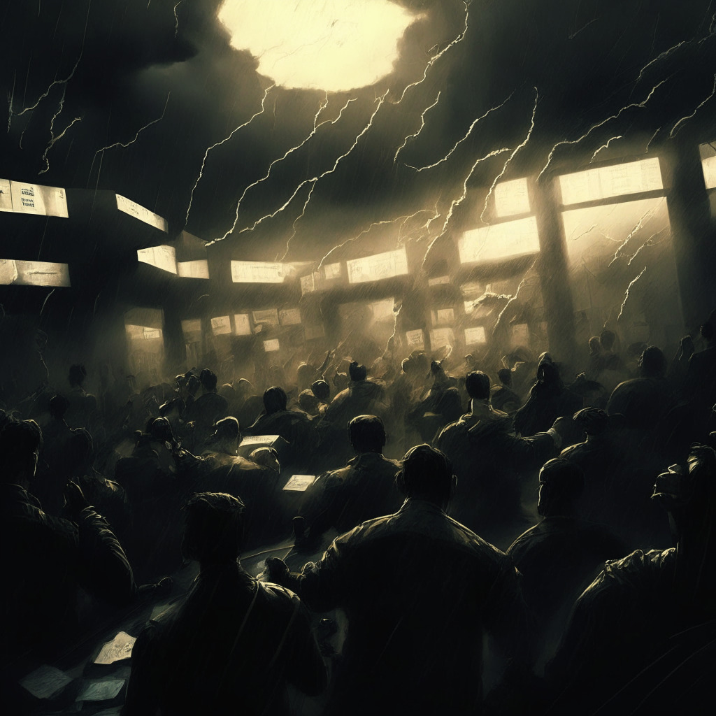 A chaotic crypto trading floor scene: traders fleeing in panic, diminishing liquidity pool, dark stormy clouds looming overhead, eerie light casting shadows on SEC officials observing the chaos, subtle tensions between Binance US and Binance, essence of uncertainty and urgency, a glimmer of hope as Bitcoin thrives despite adversity. (350 characters)