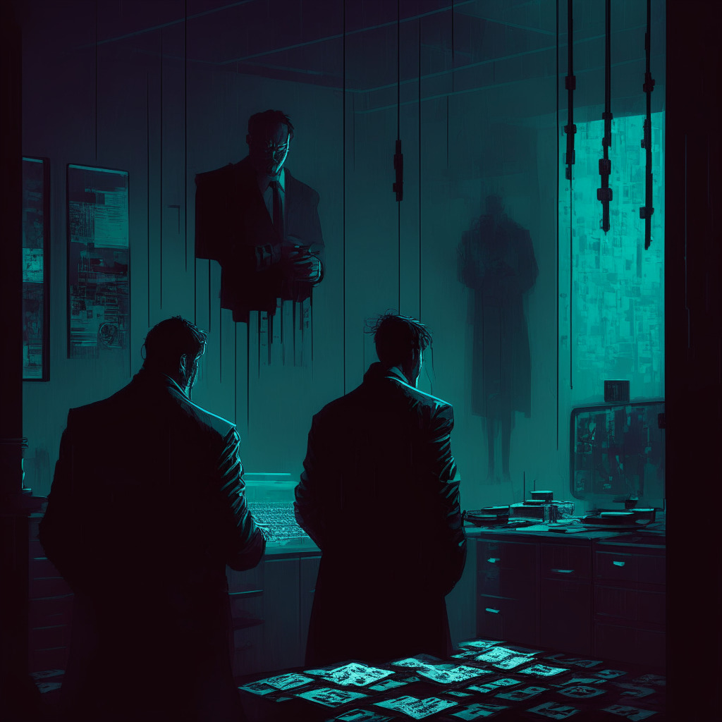 Dark, shadowy room, high-ranking official receiving Bitcoin bribe, obscured hacker figures, cyberpunk style, dimly lit, pervasive sense of secrecy and corruption, mood of unease and deceit, vivid cyber-thieves artwork, blockchain elements, muted yet intense color palette, unsettling atmosphere.