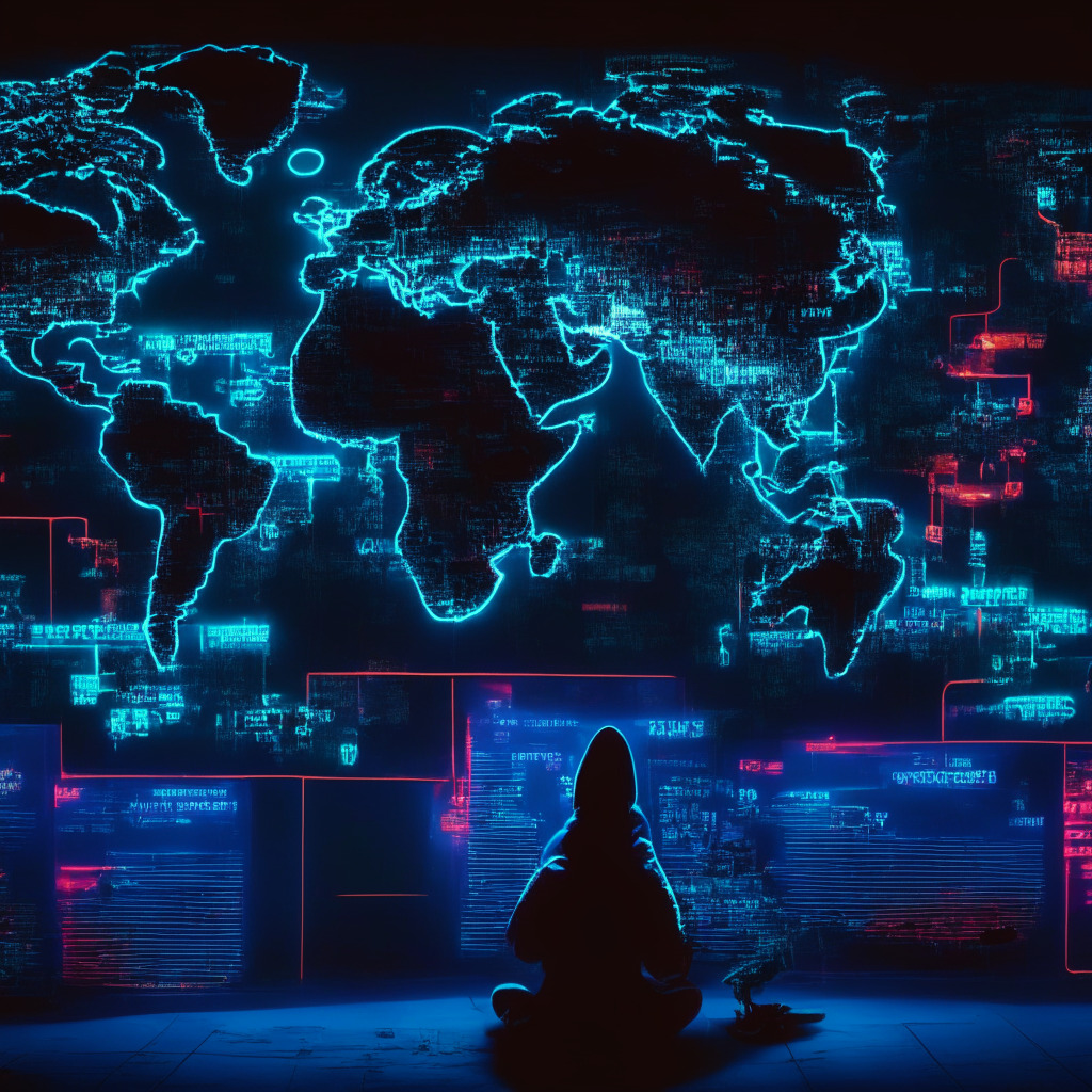 Intricate digital heist scene, glowing neon matrix-style, dimly lit setting, melancholic mood, contrasting vivid colors. Represent cybercriminals stealing ChatGPT credentials using Raccoon Malware, somber atmosphere reflecting risk to cybersecurity, hint of vigilance by authorities, world map highlighting Asia-Pacific as a key target.