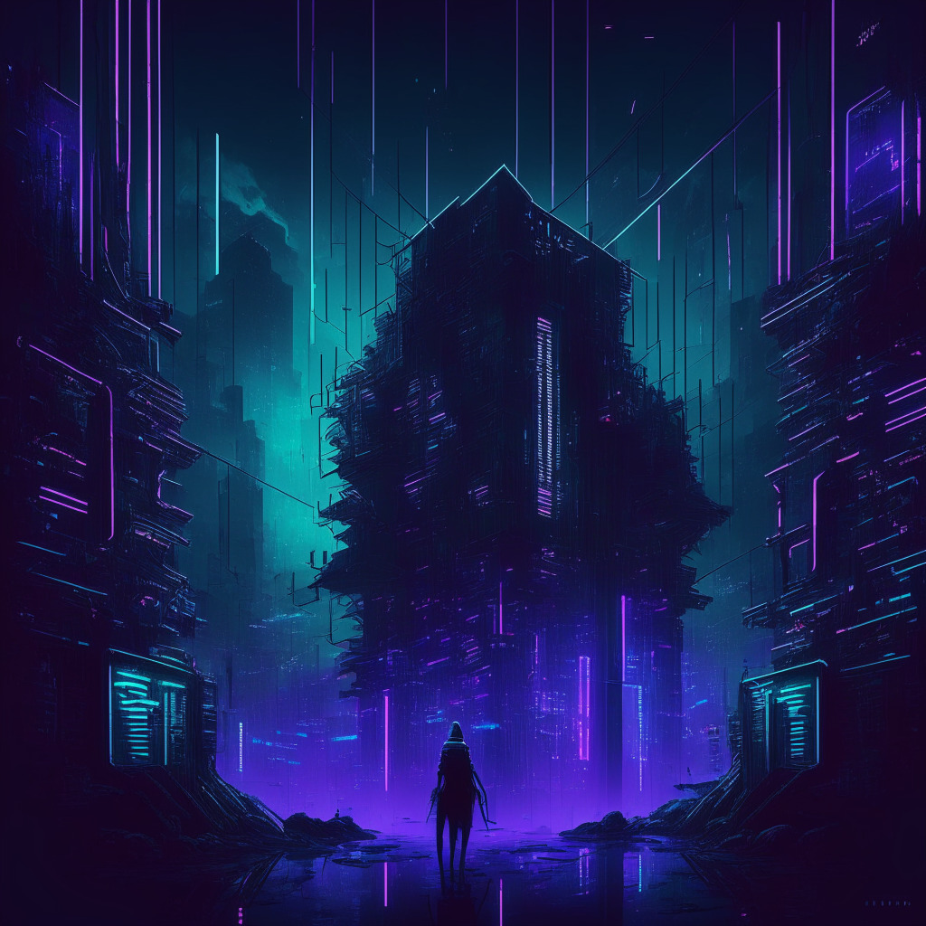 Dark cyberpunk cityscape, blockchain networks as glowing neon lines, digital assets represented by secure vaults and transparent glass box, hackers wearing crowns in shadows, technology vs security balance represented by weighing scale, eerie glowing ambiance, hues of blues and purples, somber mood.
