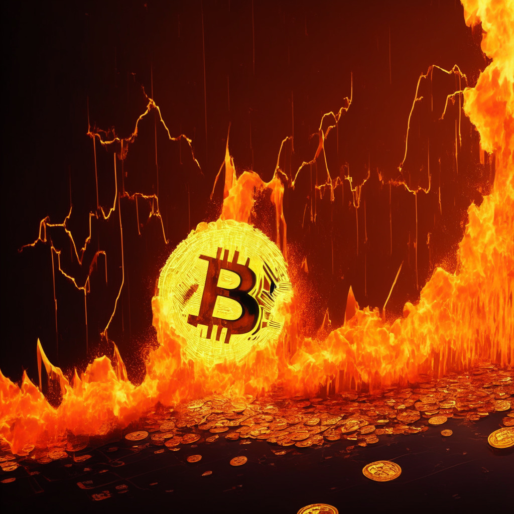 Crypto market turmoil, traders' significant setbacks, falling dominos of large liquidations, Bitcoin's bold resurgence at $30,000, hope for bullish ETF filings, contrasting moods since June, fiery reflections in innovative Bitcoin-based products, shadows hinting at a fundamental shift in value perception, an air of uncertainty and anticipation.