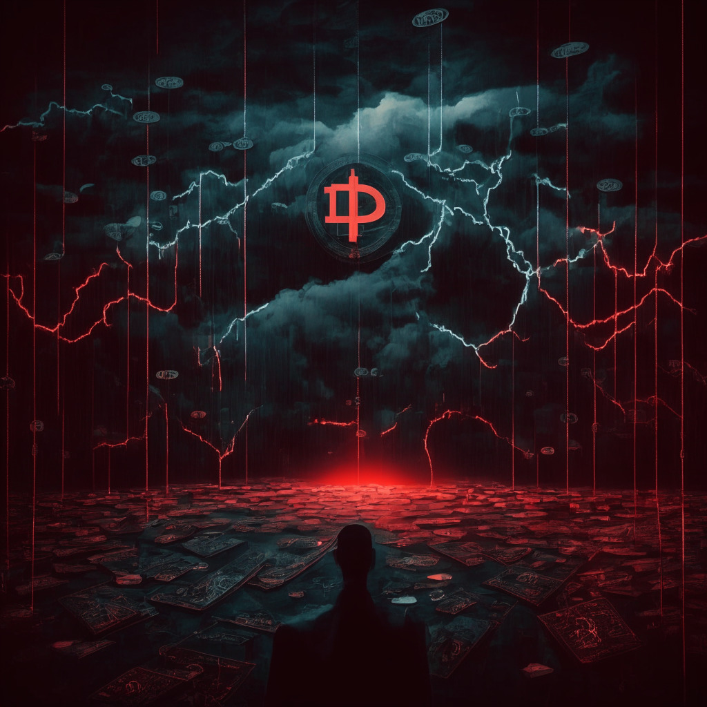 Intricate blockchain imagery, Ethereum and Bitcoin tokens, negative outflow arrows, subtle red flags, dimly-lit courtroom scene, dramatic chiaroscuro lighting, somber mood, turbulent clouds overhead, reassuring light source, users closely monitoring investments, contrast between calm and concern.