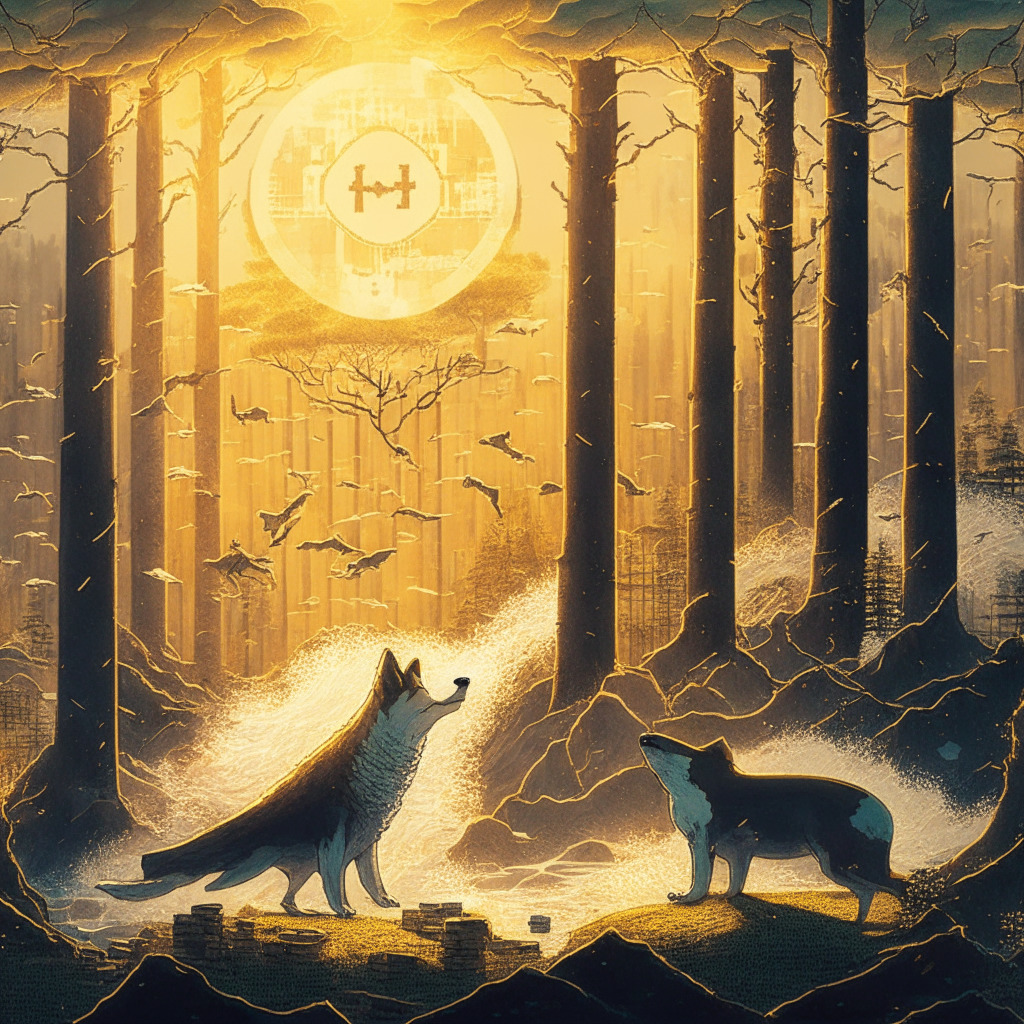 Mystical crypto forest, Shiba Inu & whale, tension in the air, sun casting long shadows, golden hour light, storm brewing in the distance, Shibarium mainnet sign, SHIB & BONE tokens scattered, fluctuating graph, skeptical investors, focus on potential price drop, individual research emphasized.