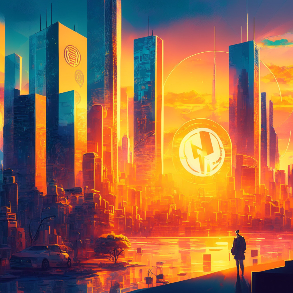 Sunset-lit cityscape with financial institutions, crypto cards emerging from futuristic machines, people using digital wallets, cybersecurity shield, abstract crypto-to-fiat conversion symbols, impressionist art style, warm and dynamic mood, innovative technology, balanced view on crypto integration potential risks and benefits.